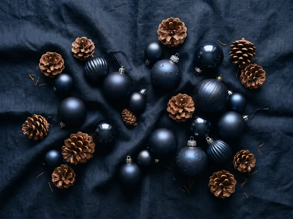 Navy baubles and pinecones on a dark blue background