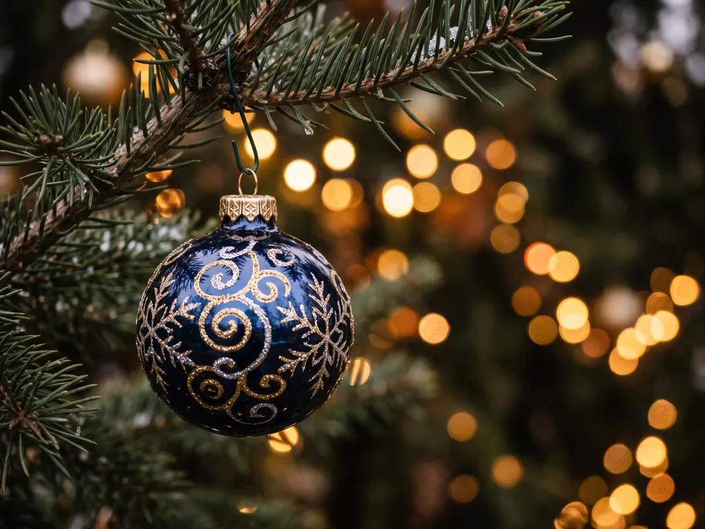 Navy patterned Christmas bauble hanging on a tree