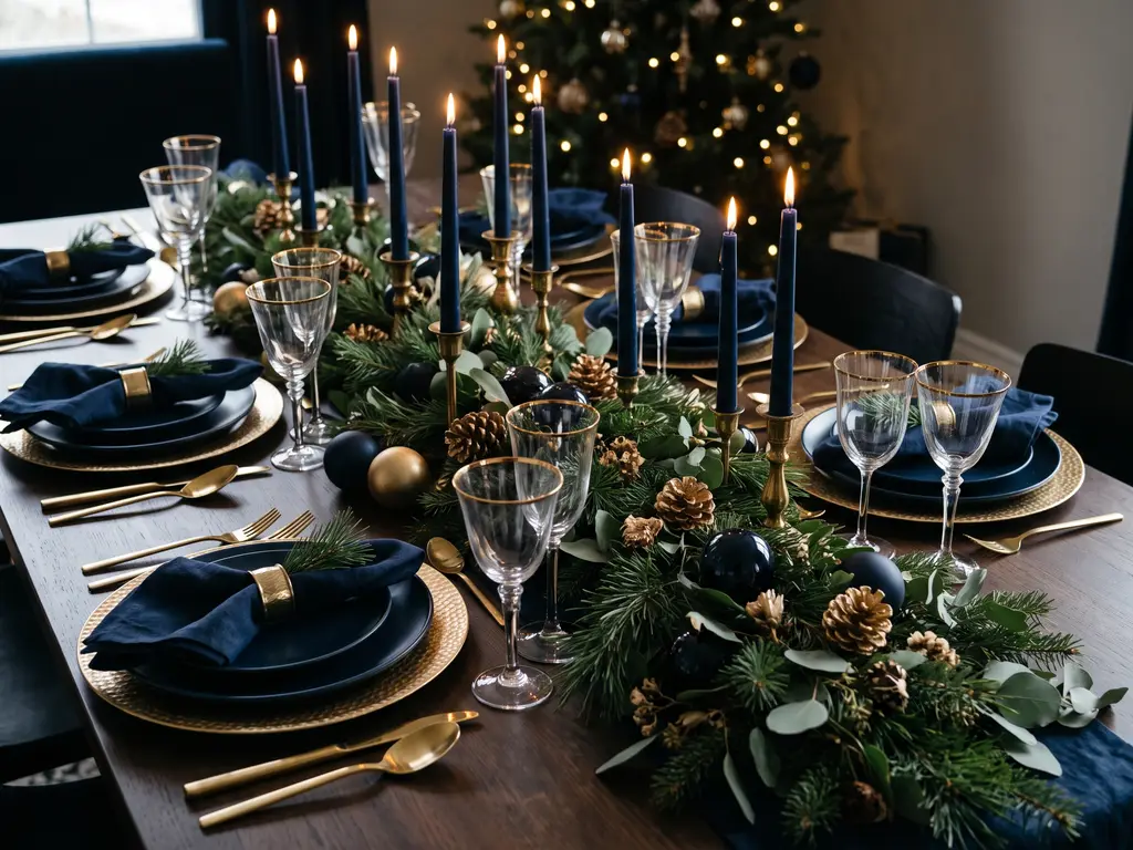 Navy and gold Christmas table setting with tall candles