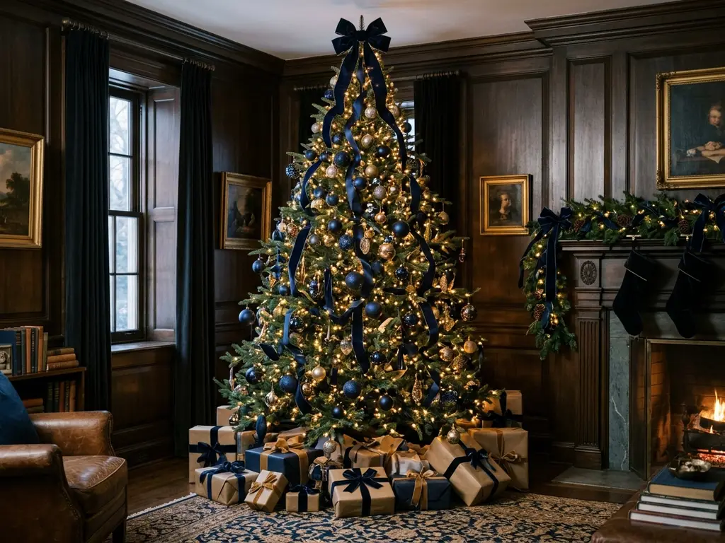Christmas tree covered in navy blue baubles