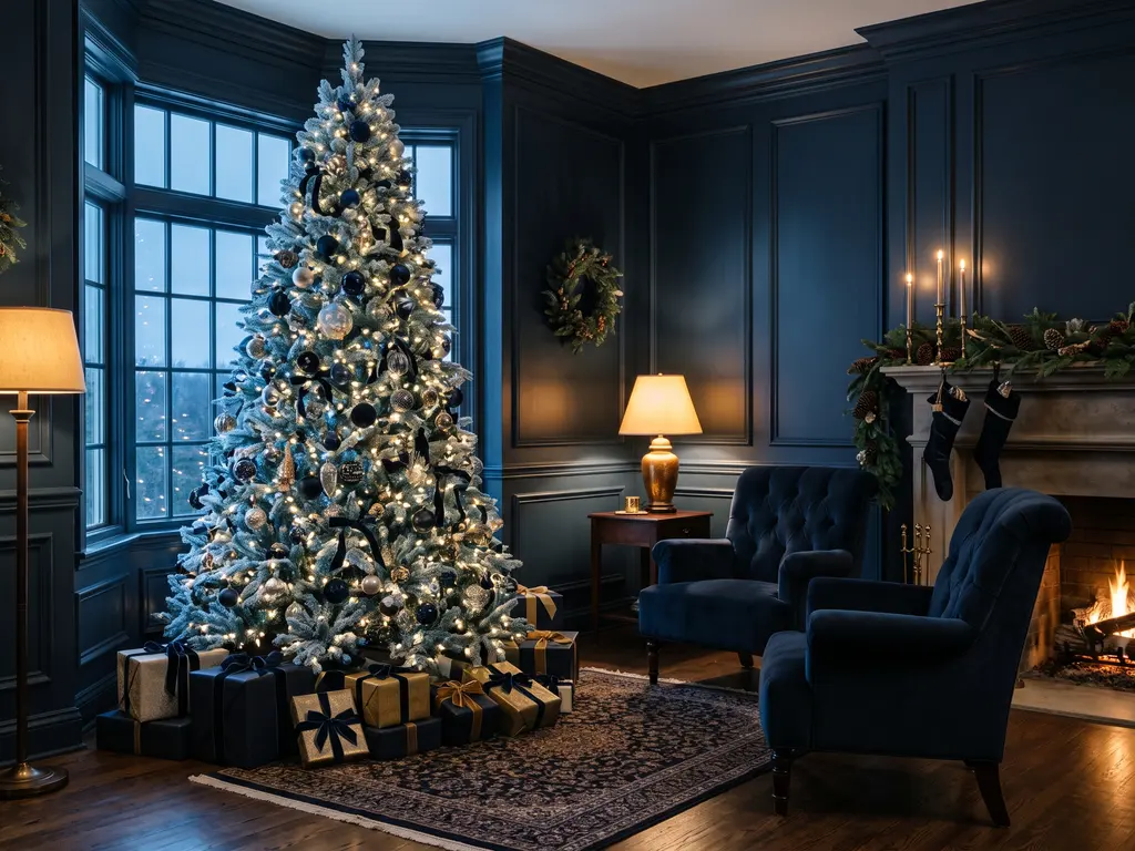 Blue flocked Christmas tree in a navy paneled room