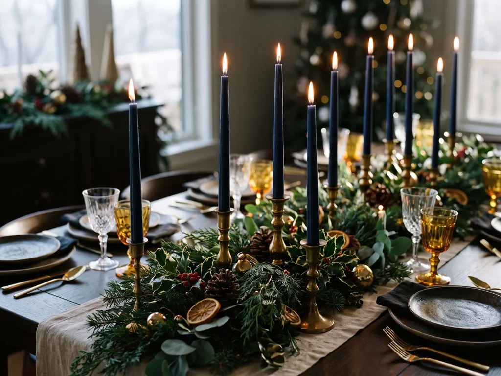 Tall navy taper candles arranged on a Christmas table