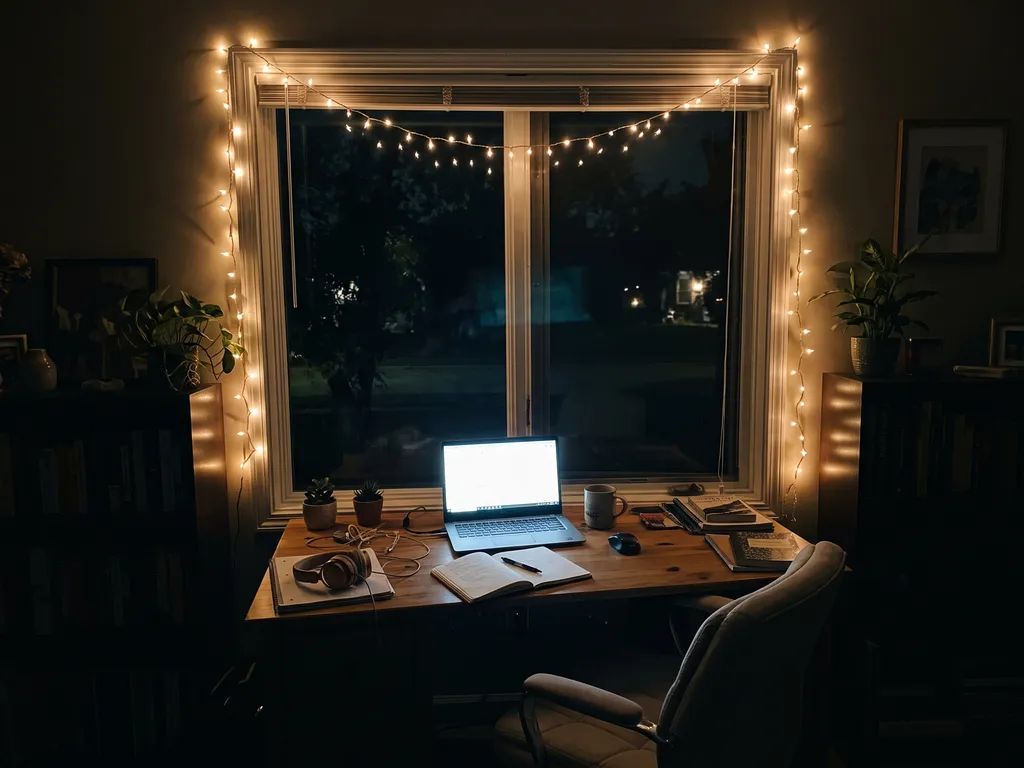 Desk at night with fairy lights around a window