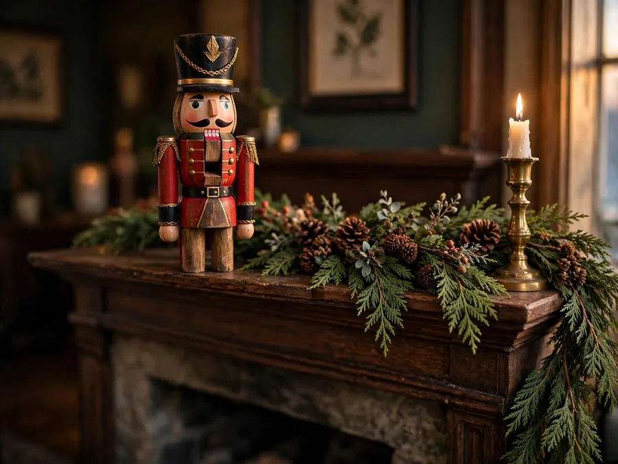 Classic nutcracker on a mantel with garland