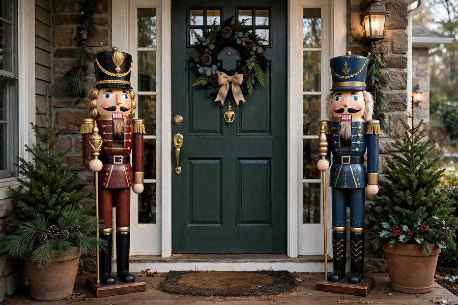 Two tall nutcrackers beside a front door