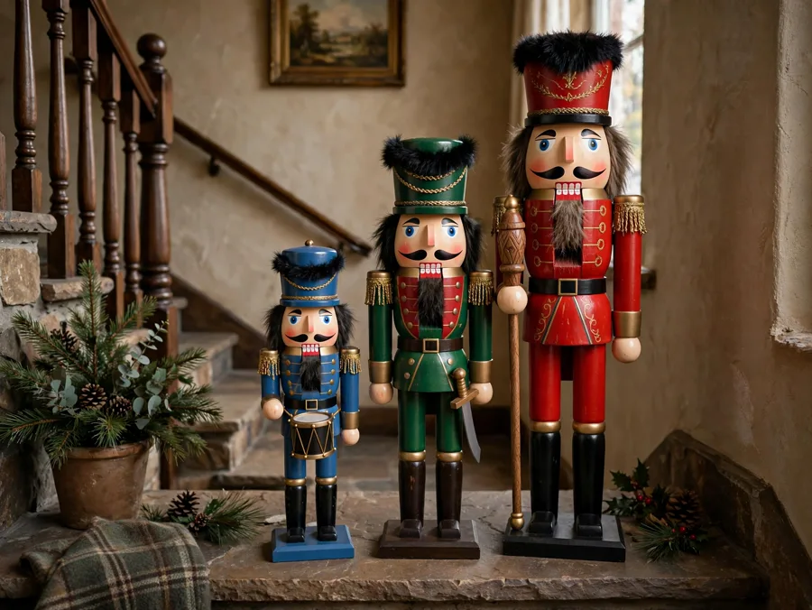 Three nutcrackers of different heights on a landing