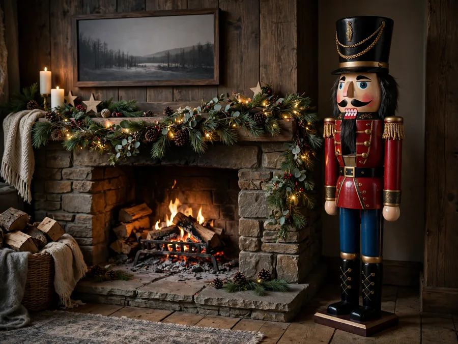 Tall nutcracker beside a fireplace hearth