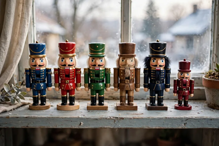 Small nutcrackers lined up on a windowsill