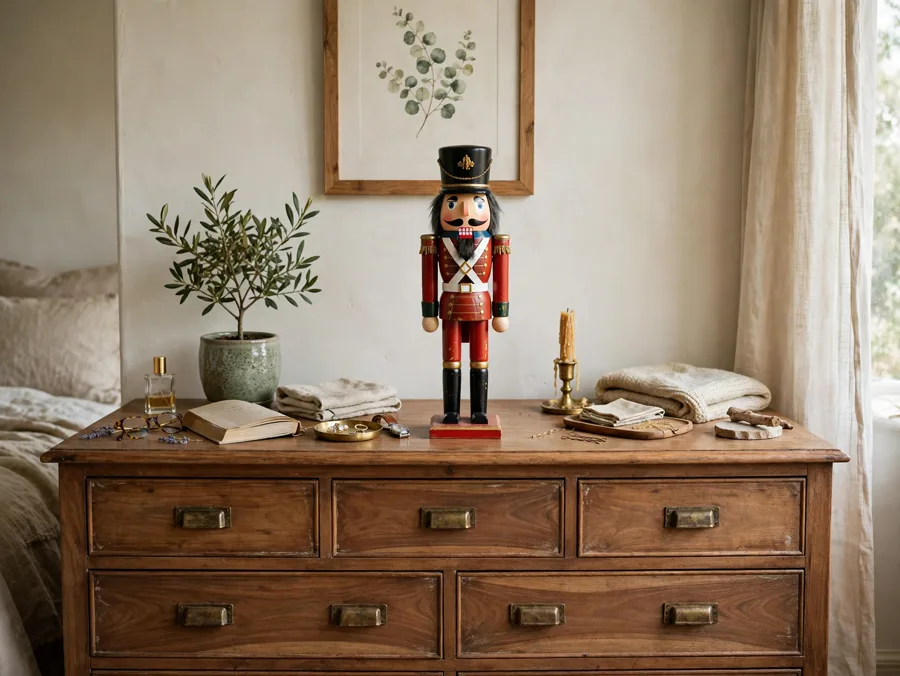 Single nutcracker on a bedroom dresser