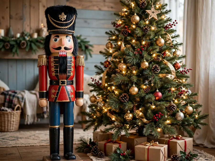 Tall nutcracker standing beside a Christmas tree