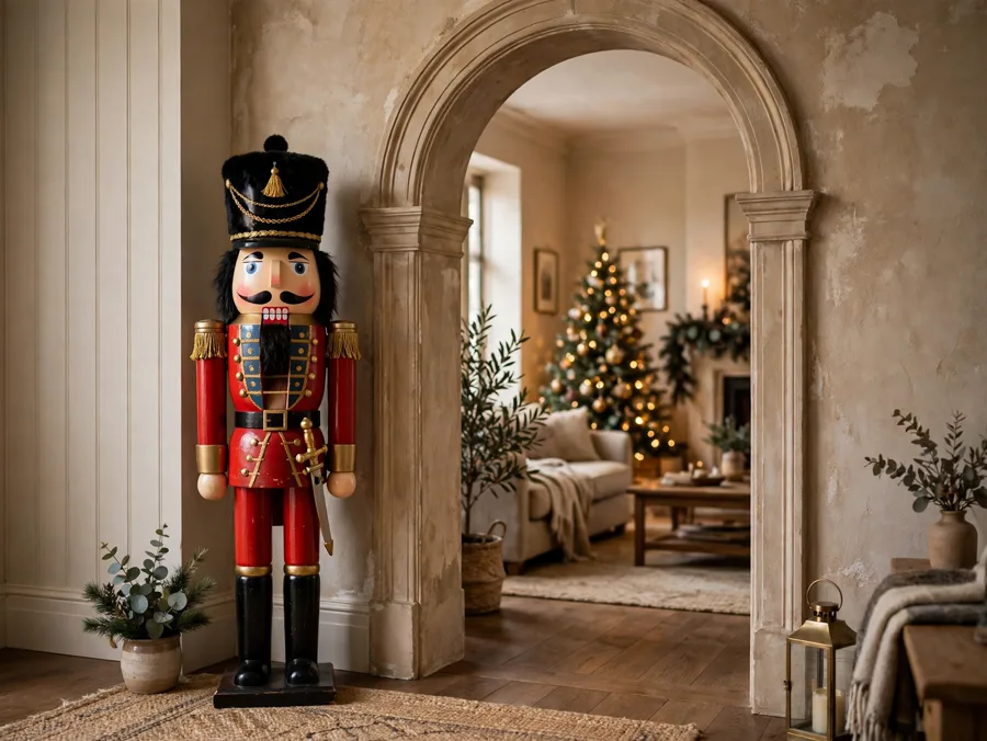 Tall nutcracker beside an interior doorway arch