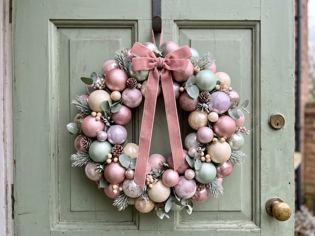 Wreath of pink baubles built on a round noodle form