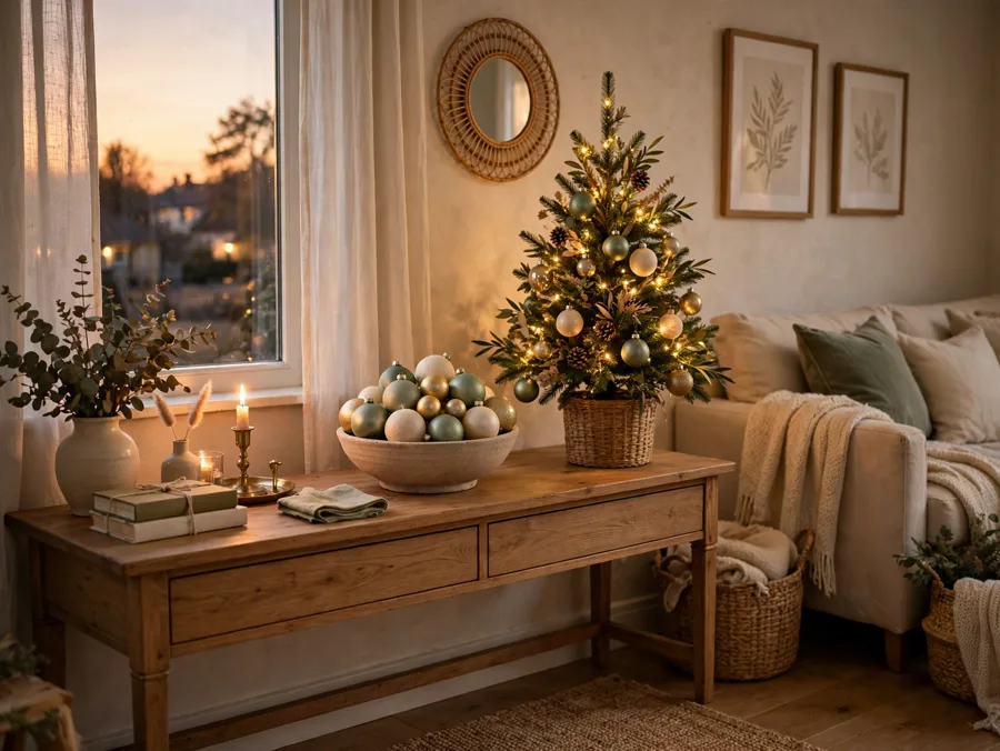 Bowl of spray-painted ornaments on console