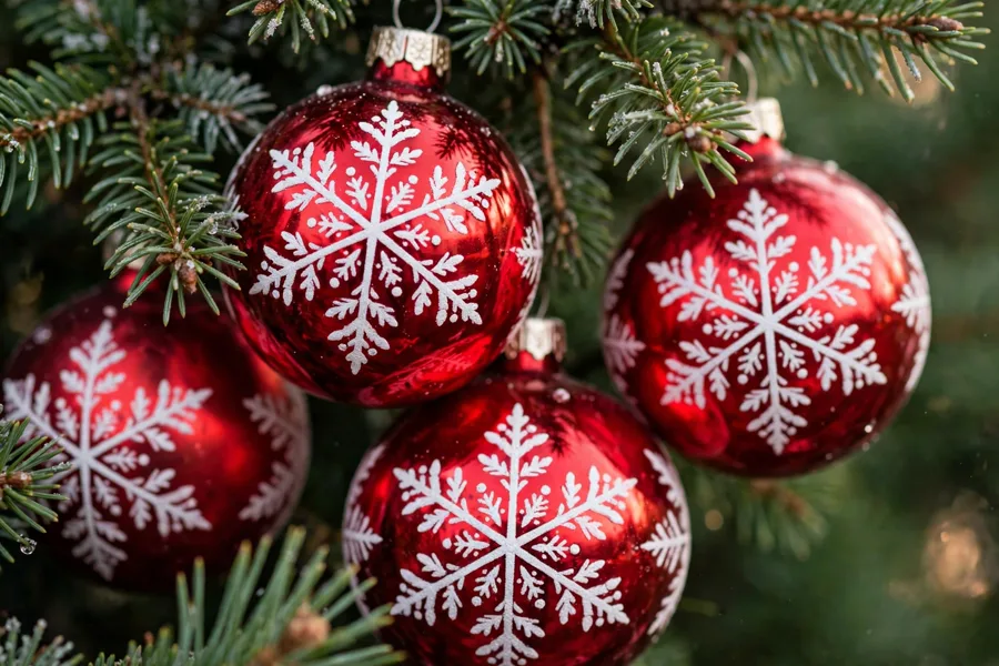 Stenciled snowflake red ornaments