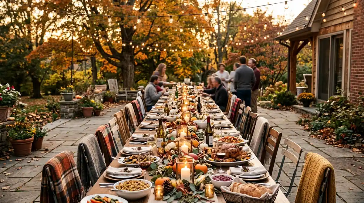 Outdoor Thanksgiving table on a patio at golden hour with string lights, lanterns and blankets on the chairs