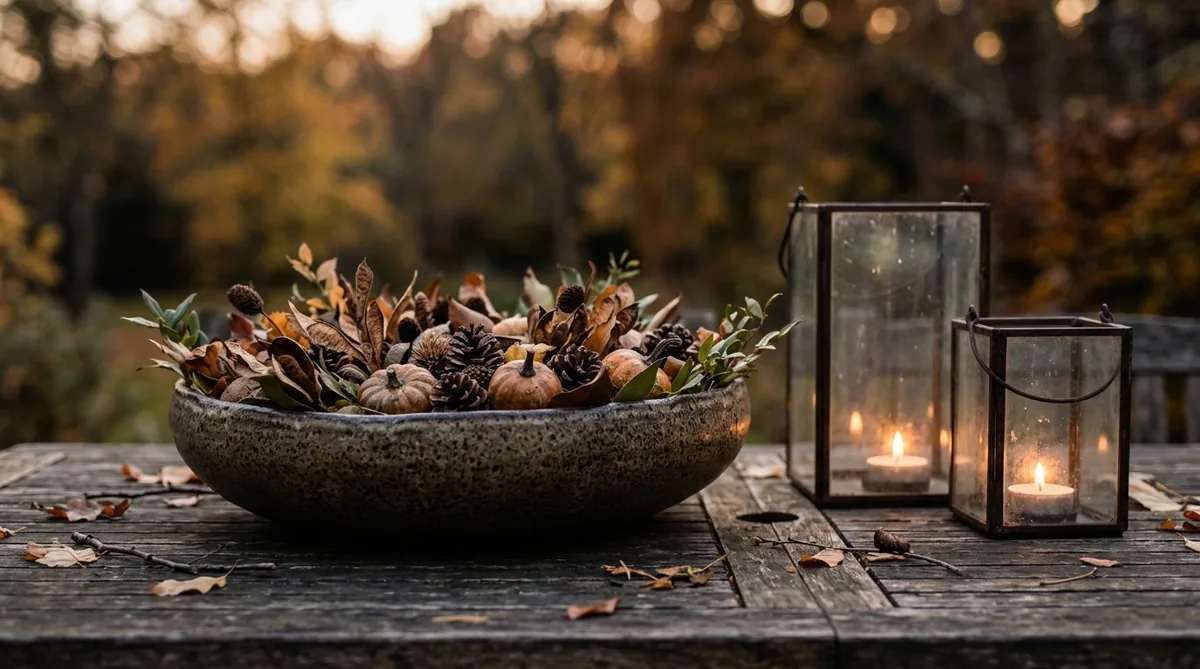 Low weighted centrepiece and glass lanterns on an outdoor Thanksgiving table