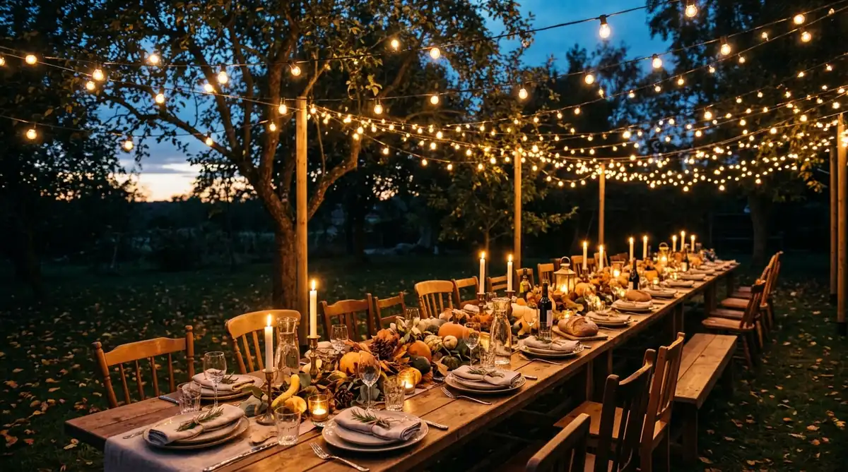 String lights forming a glowing canopy over an outdoor Thanksgiving table at dusk