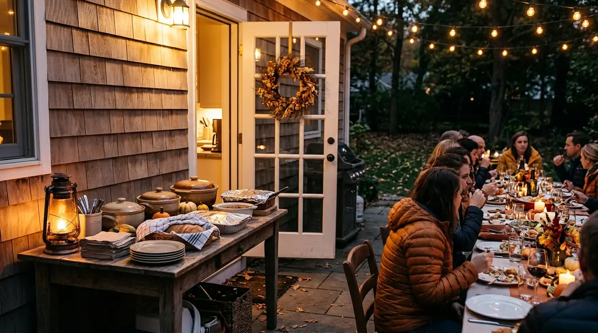 Outdoor serving station with covered dishes and a lantern next to the Thanksgiving table