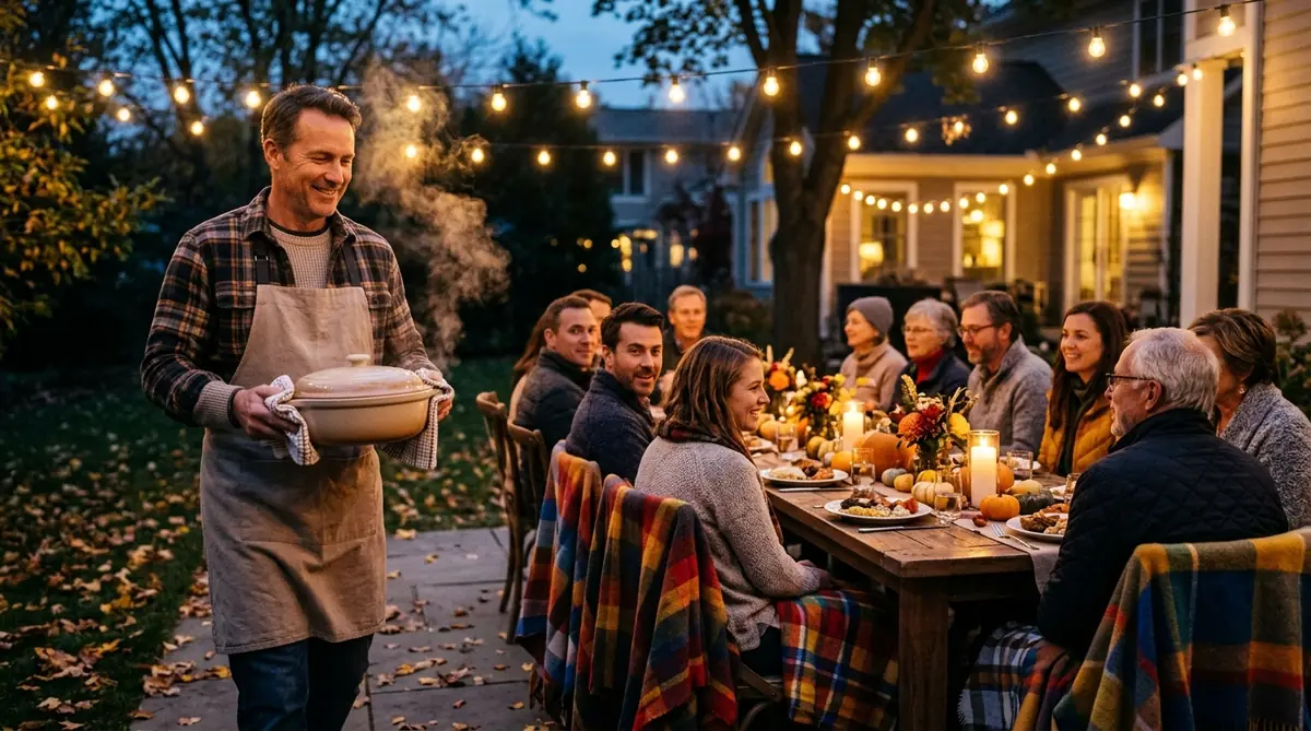 A steaming dish being carried to an outdoor Thanksgiving table under string lights