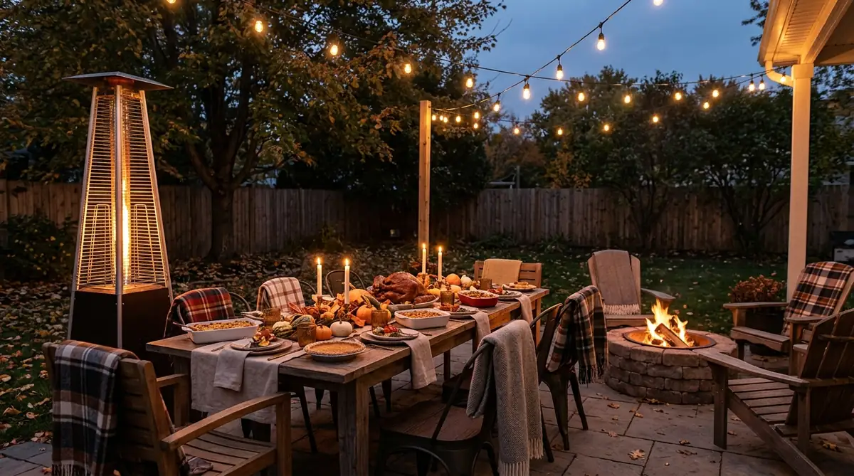 Patio heater and fire pit placed beside an outdoor Thanksgiving table for warmth
