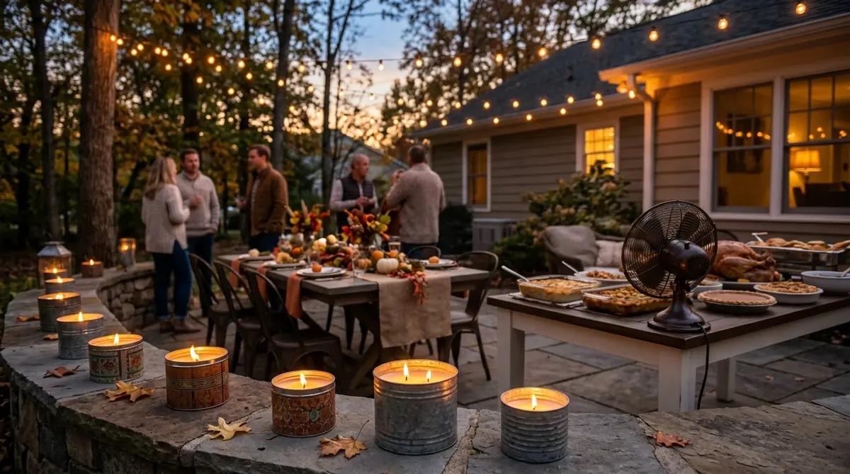 Citronella candles placed around the perimeter of an outdoor Thanksgiving table setup