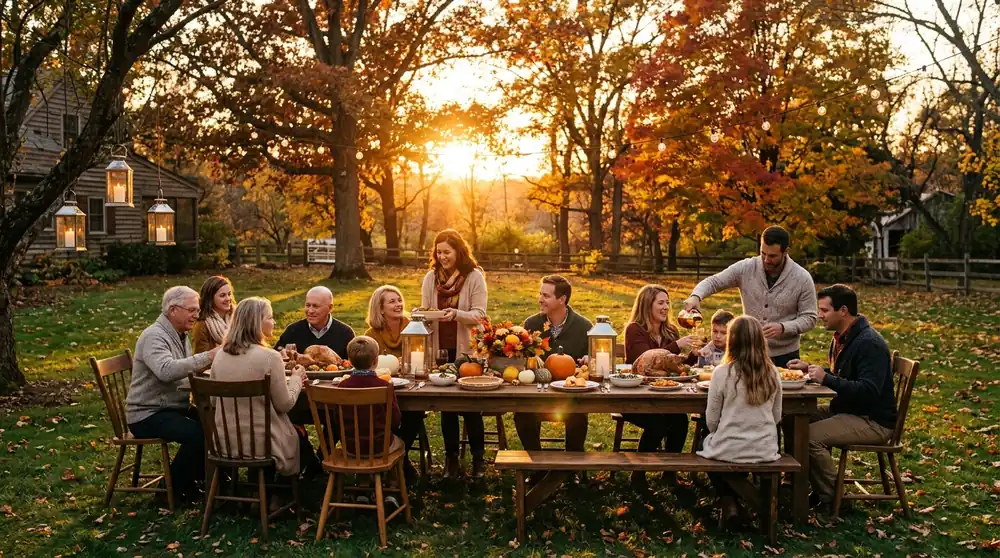 An outdoor Thanksgiving table bathed in golden-hour sunlight, long shadows across the lawn, lanterns just lit, autumn trees glowing in the background