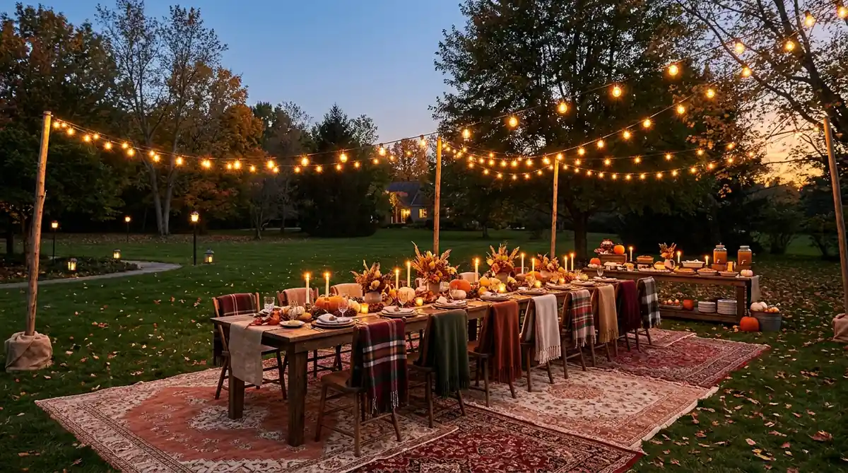 Complete outdoor Thanksgiving table setup at dusk with rug, light canopy and serving station