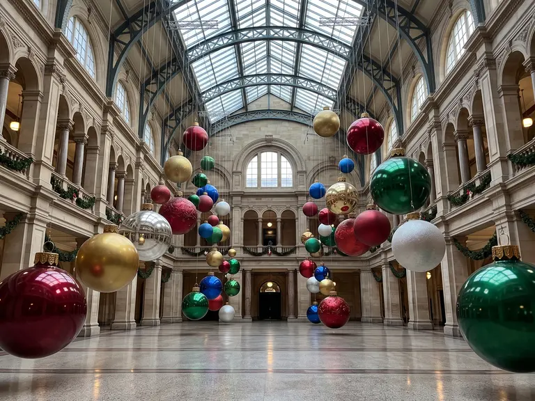 Oversized Christmas baubles hanging at different heights