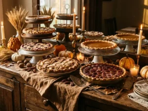 Whole Thanksgiving pies displayed on tiered and cake stands on a sideboard in warm candlelight