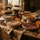 Whole Thanksgiving pies displayed on tiered and cake stands on a sideboard in warm candlelight