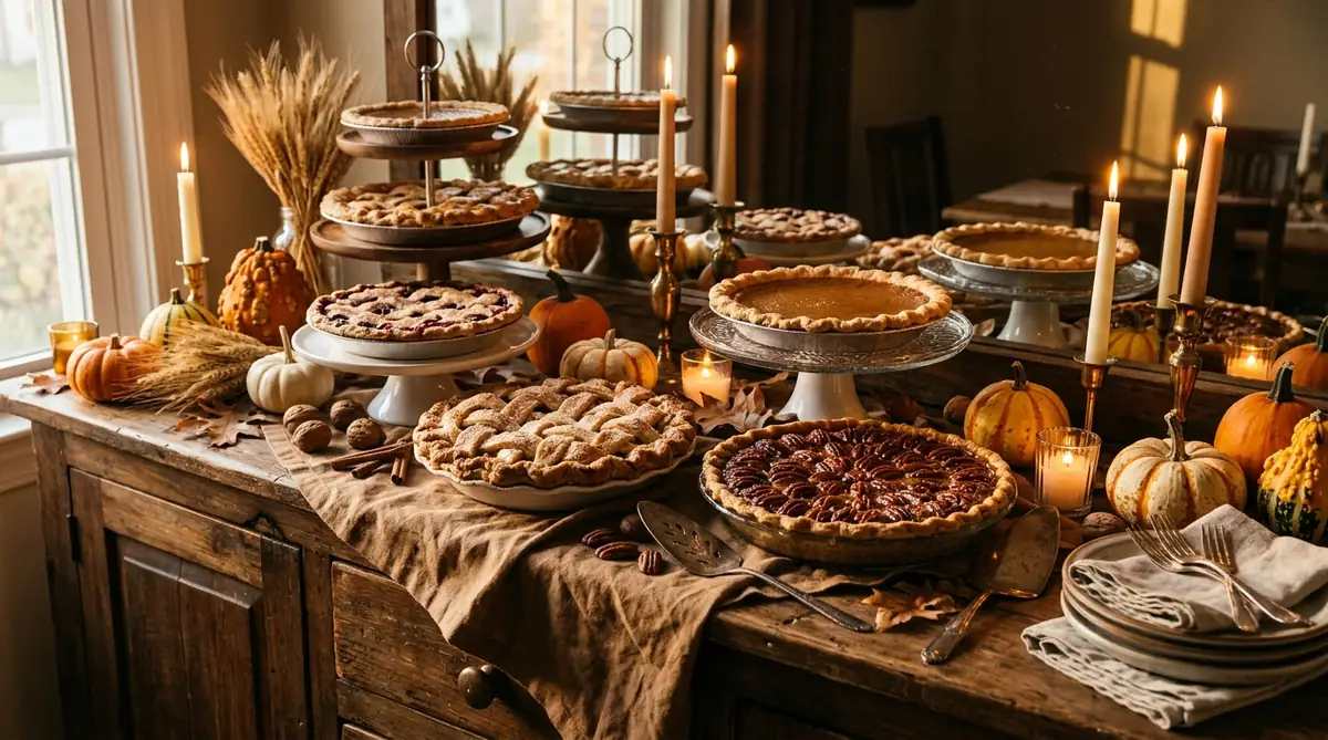 Whole Thanksgiving pies displayed on tiered and cake stands on a sideboard in warm candlelight
