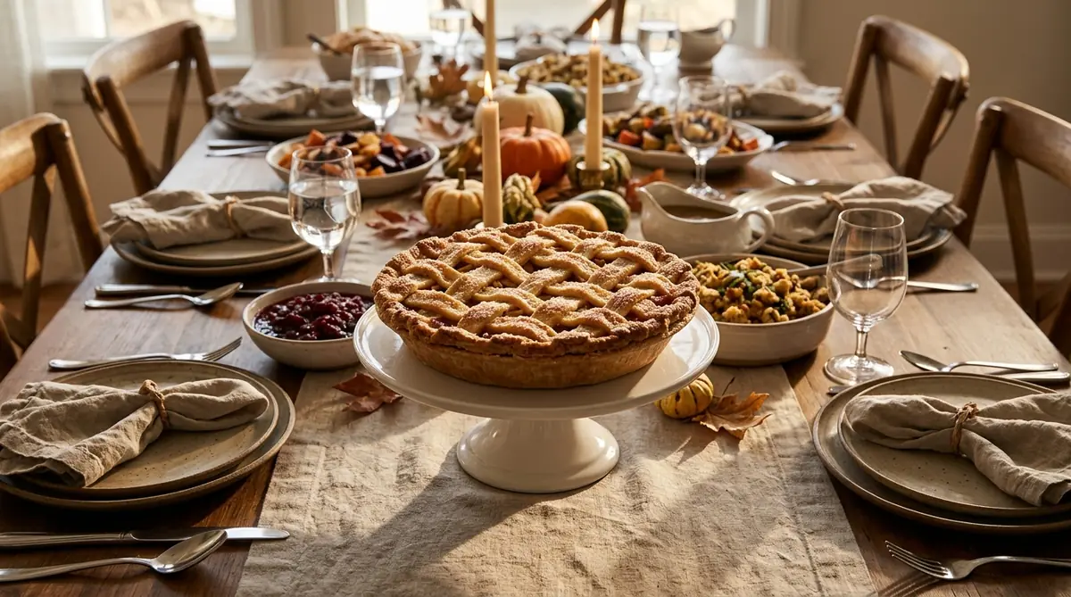 A whole apple pie on a cake stand used as the centrepiece of a Thanksgiving dining table