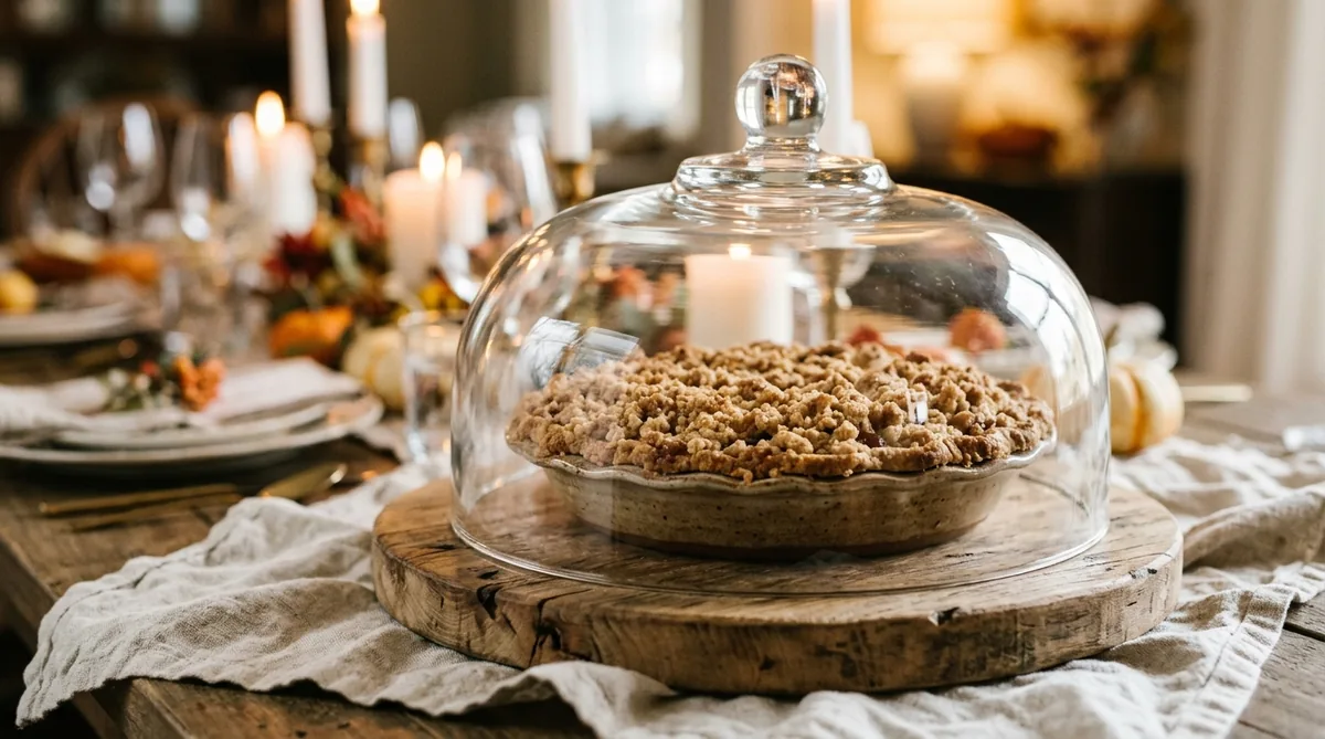 A whole pie kept under a glass dome on a wooden board as part of a pie display