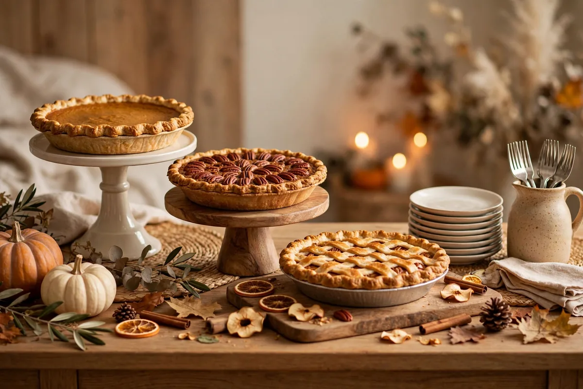 A dedicated pie sideboard station with whole pies, dessert plates and forks ready for guests
