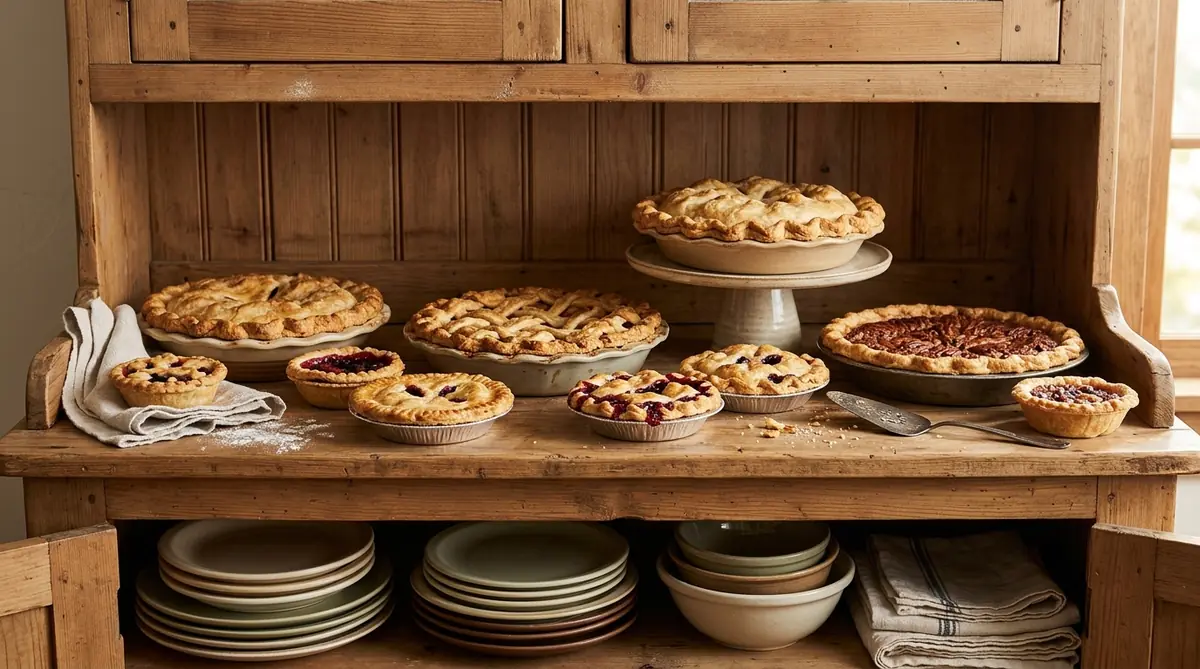 Pies displayed on a hutch shelf, using vertical space as a pie display