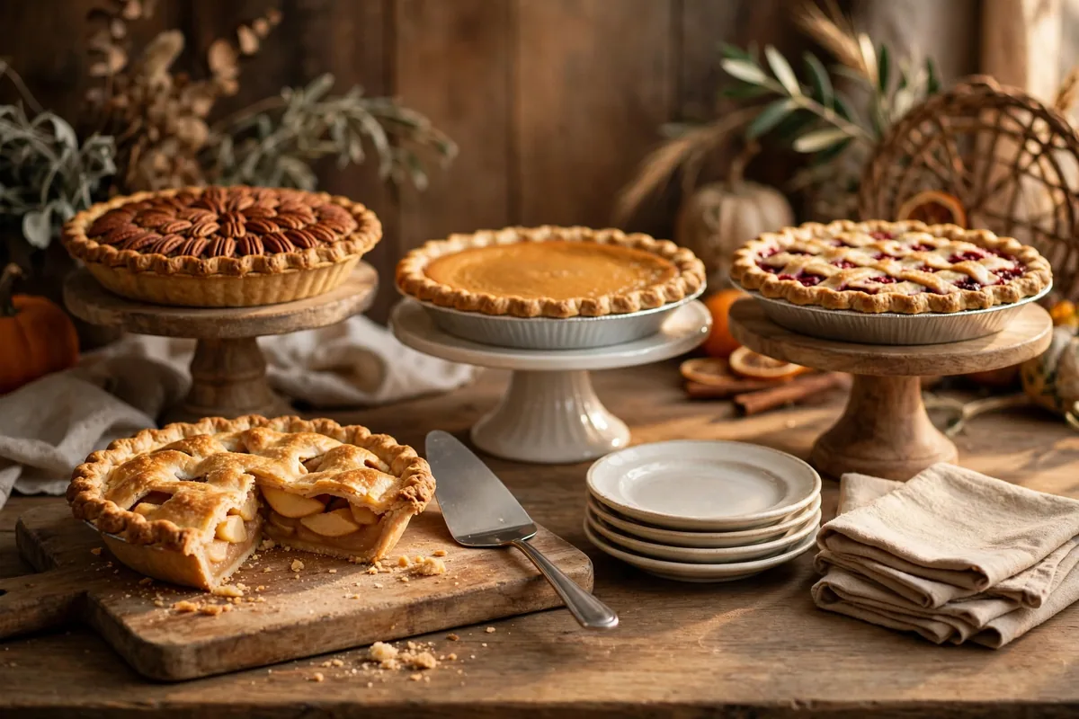 A tidy slicing station set beside a display of whole pies, with plates and a pie server