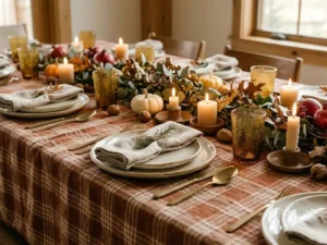 Plaid Thanksgiving table with a rust and cream checked cloth and ivory plates
