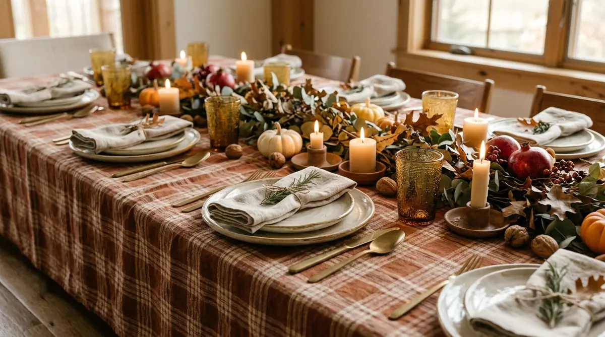 Plaid Thanksgiving table with a rust and cream checked cloth and ivory plates