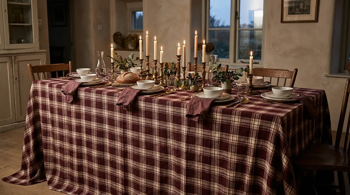 Full burgundy plaid tablecloth with plain white dishes and brass candlesticks