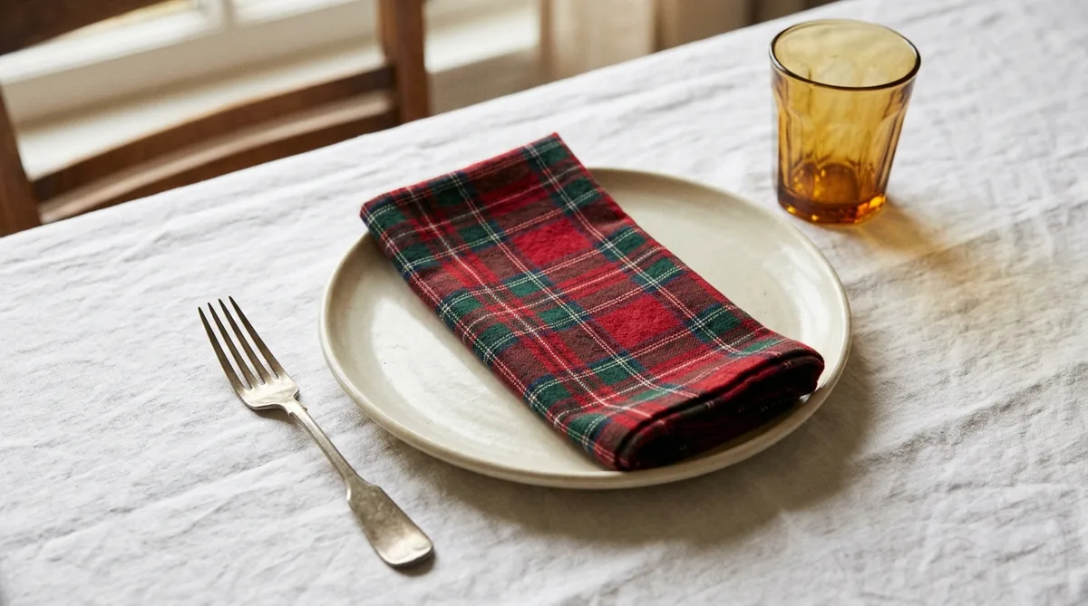 Folded plaid napkin as the only pattern on a plain Thanksgiving place setting