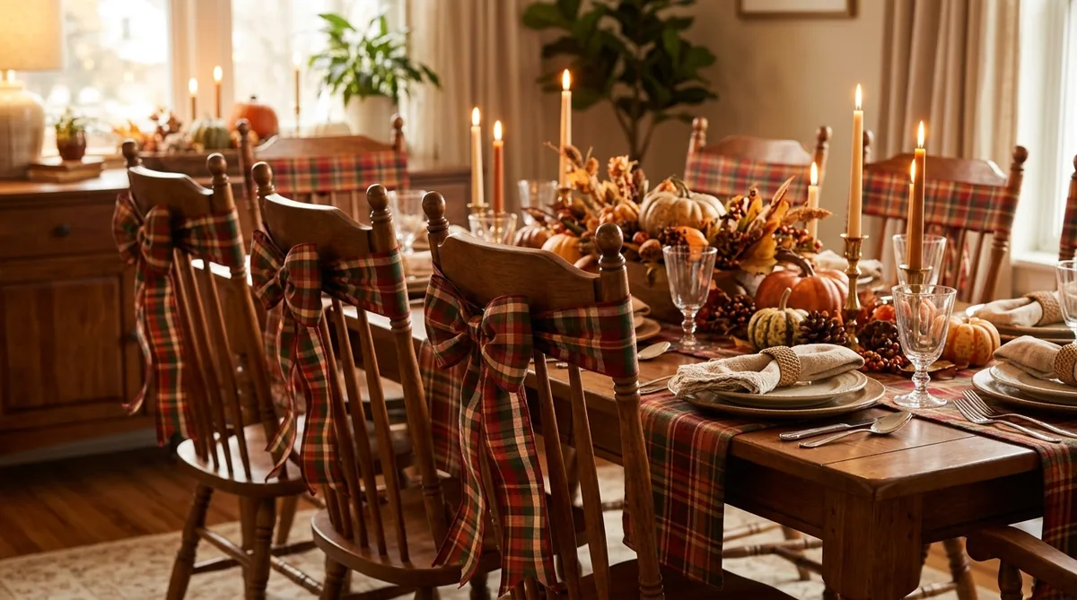 Chairs with plaid ribbon bows beside a Thanksgiving table with a plaid runner