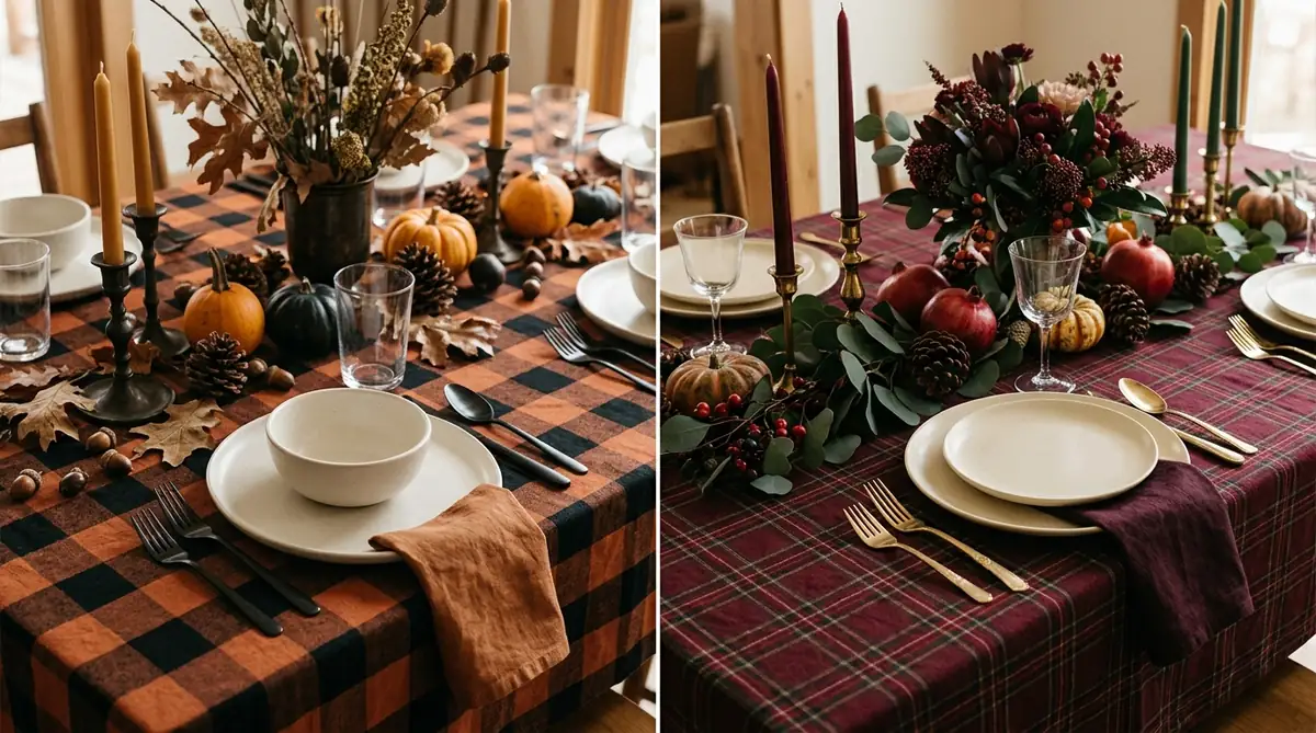 Buffalo check and tartan plaid Thanksgiving table settings compared side by side