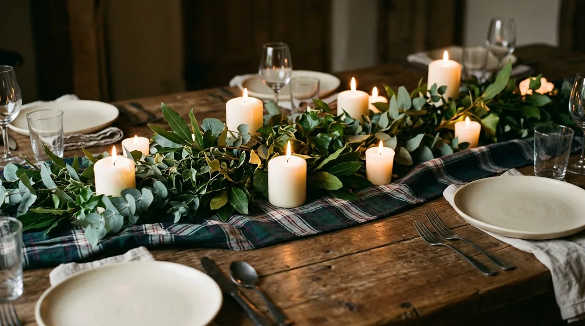 Plain candle centrepiece layered on a folded plaid runner at a Thanksgiving table