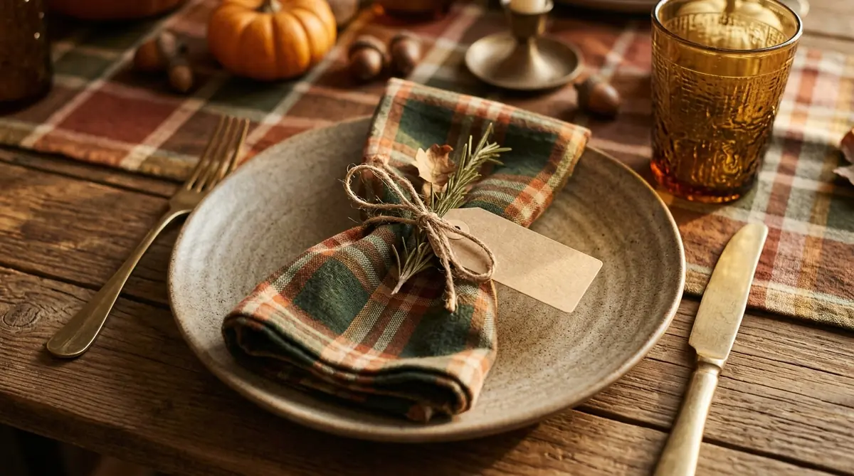 Place setting with a plaid napkin, twine and a name tag on a plaid cloth