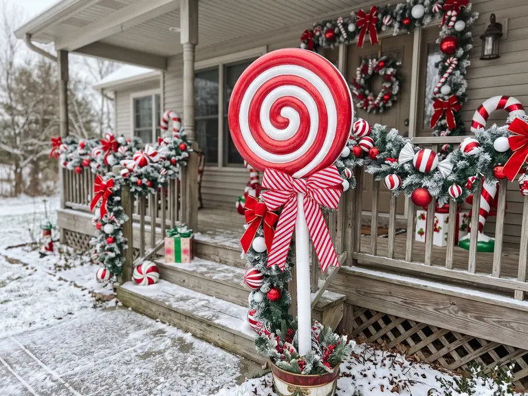 Large red and white swirl lollipop prop made from a pool noodle