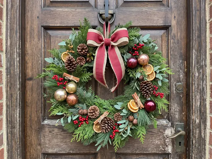Green Christmas wreath with ornaments and a plaid bow on a wooden door