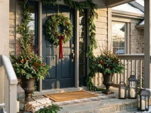 Christmas front porch with a wreath and garland