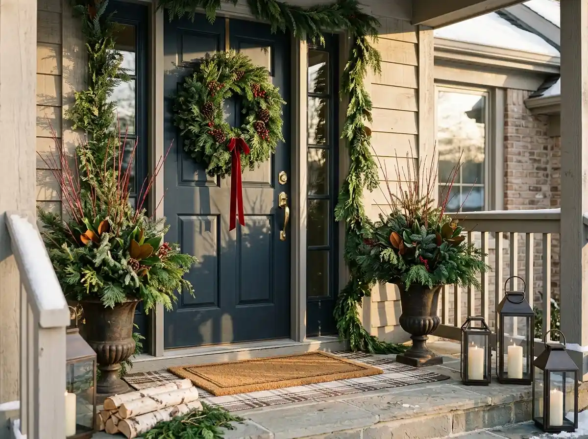Christmas front porch with a wreath and garland