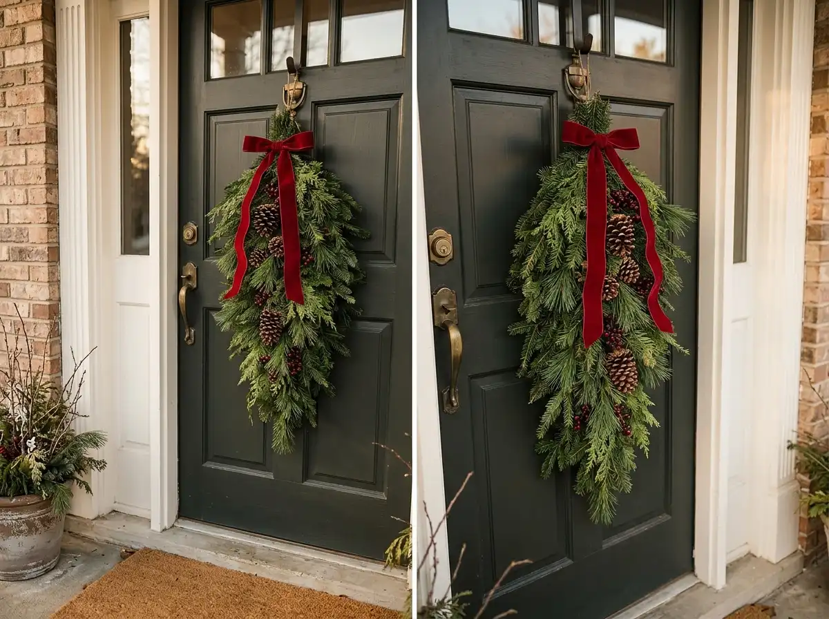 evergreen swag hanging on a front door