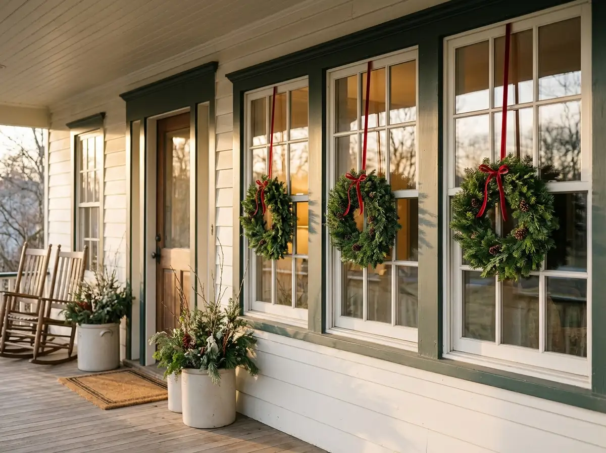three small wreaths on porch windows